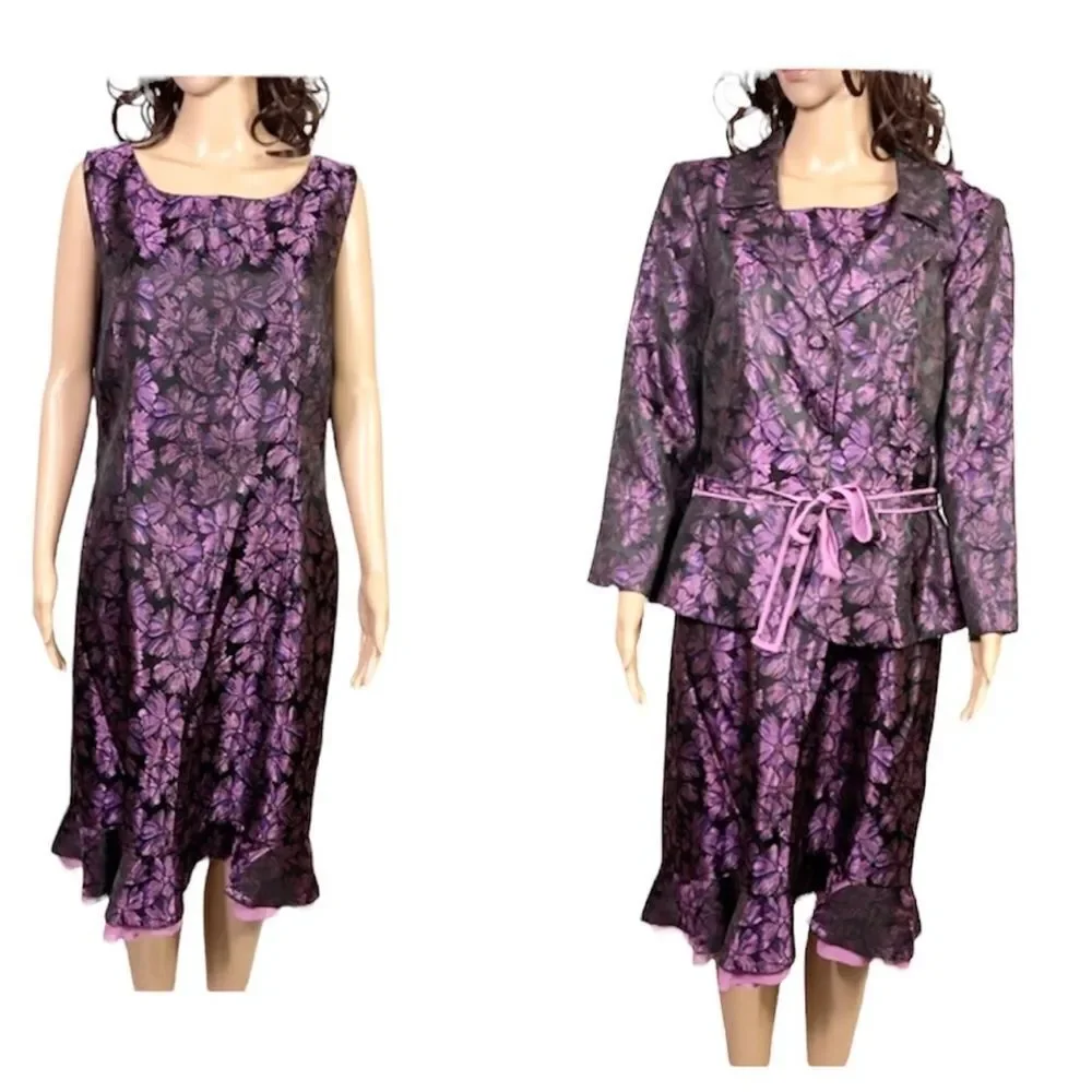 NEW Nipon Boutique Onyx Purple Metallic Floral Dress Jacket Matching Set 16